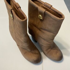 VINCE CAMUTO Mid-Calf Leather Boots in Brown SZ 7 4” heel pull ons mint conditio